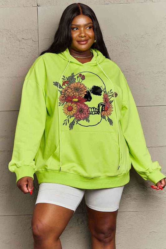 Simply Love Simply Love Full Size Floral Skull Graphic Hoodie Lime