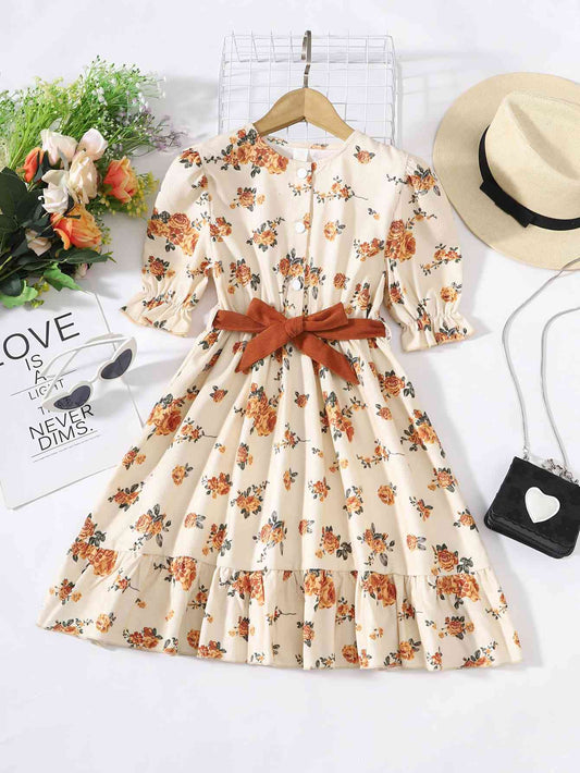 Girls Floral Tied Puff Sleeve Dress Floral