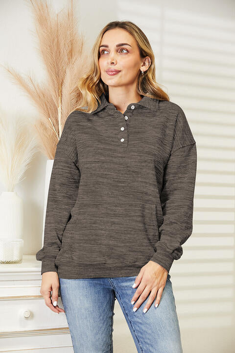 Ninexis Full Size Quarter-Button Collared Sweatshirt Olive Brown