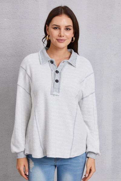 Half Button Dropped Shoulder Sweatshirt White