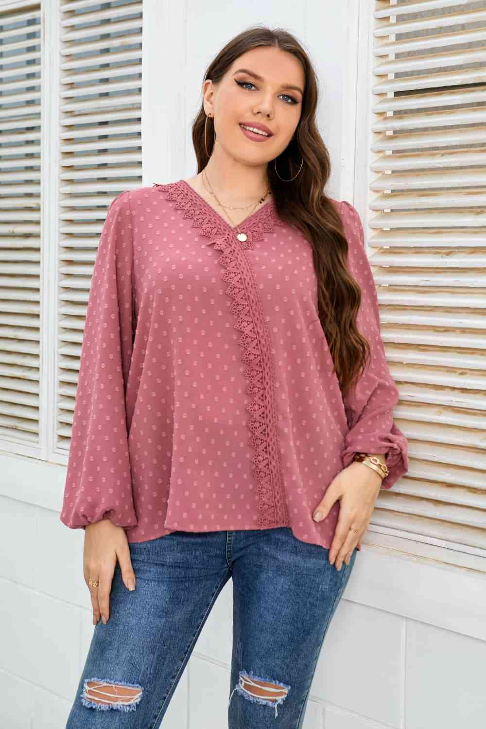 Melo Apparel Plus Size Lace Trim V-Neck Balloon Sleeve Blouse Light Mauve