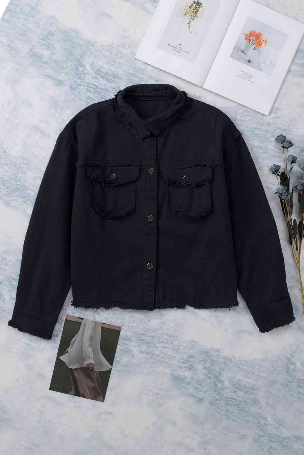 Frayed Trim Snap Down Denim Jacket Black