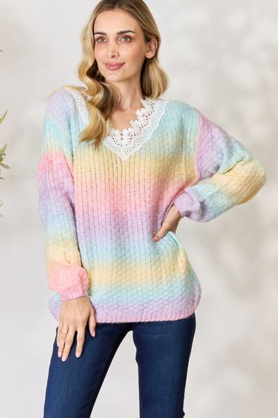 BiBi Rainbow Gradient Crochet Deetail Sweater Pink Multi