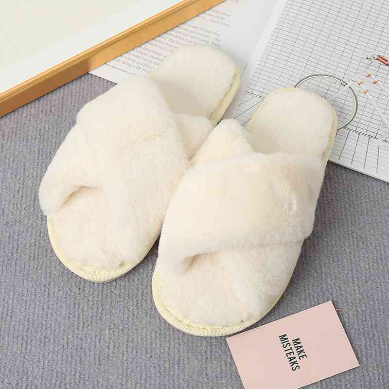 Faux Fur Crisscross Strap Slippers Cream