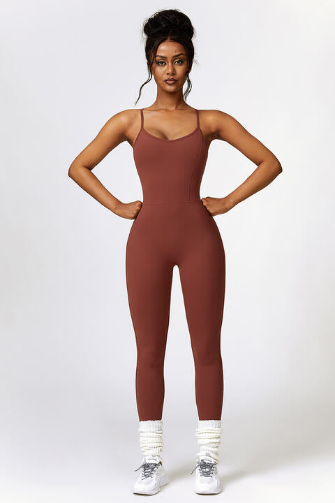 Open Back Spaghetti Strap Sports Jumpsuit Brick Red