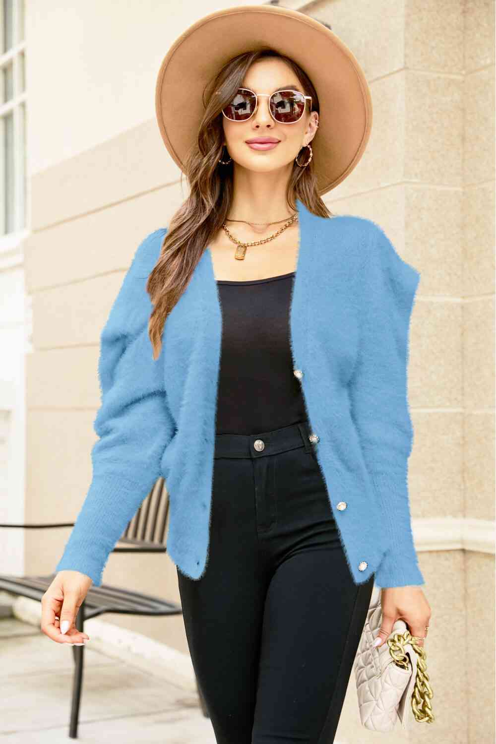 Woven Right Puff Sleeve V-Neck Fuzzy Cardigan Teal