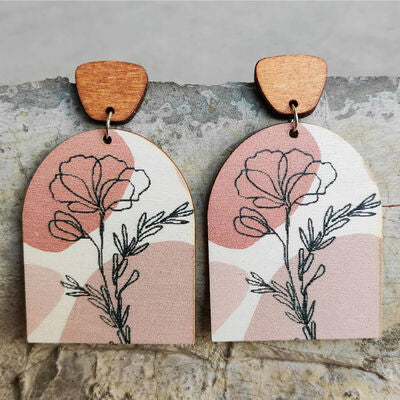 Geometrical Shape Wooden Drop Earrings Dusty Pink One Size