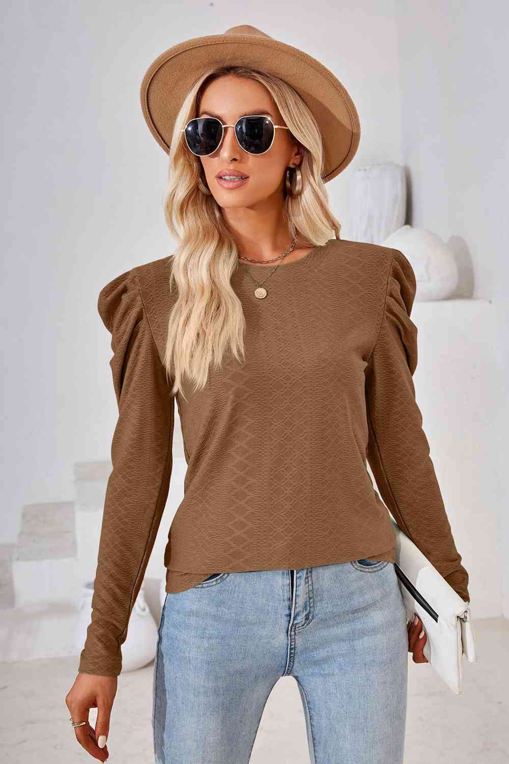 Round Neck Puff Sleeve Blouse Taupe