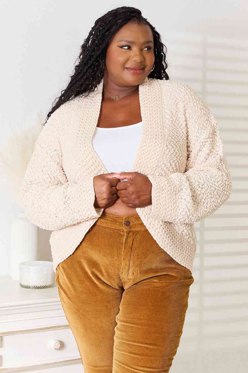 Double Take Open Front Long Sleeve Cardigan Cream