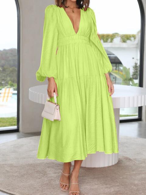 Deep V-Neck Balloon Sleeve Plain Maxi Dress Mint Green