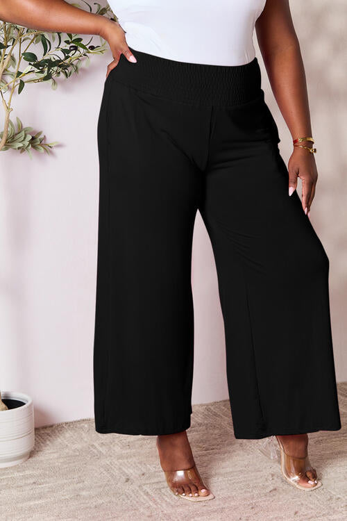 Double Take Full Size Smocked Wide Waistband Wide Leg Pants Black