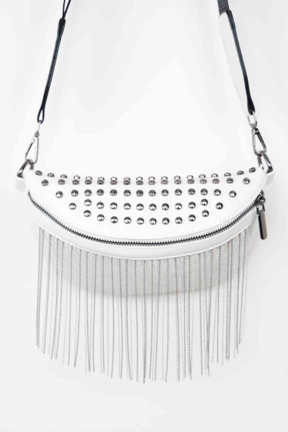 Adored PU Leather Studded Sling Bag with Fringes White One Size