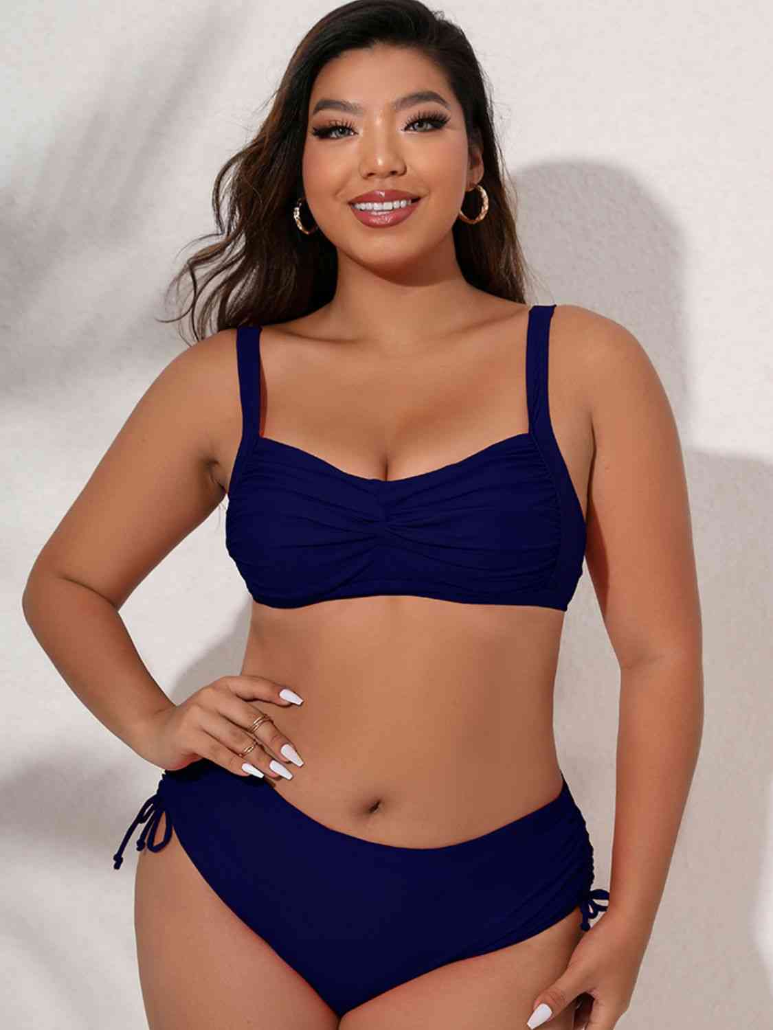 Plus Size Twist Front Tied Bikini Set Navy