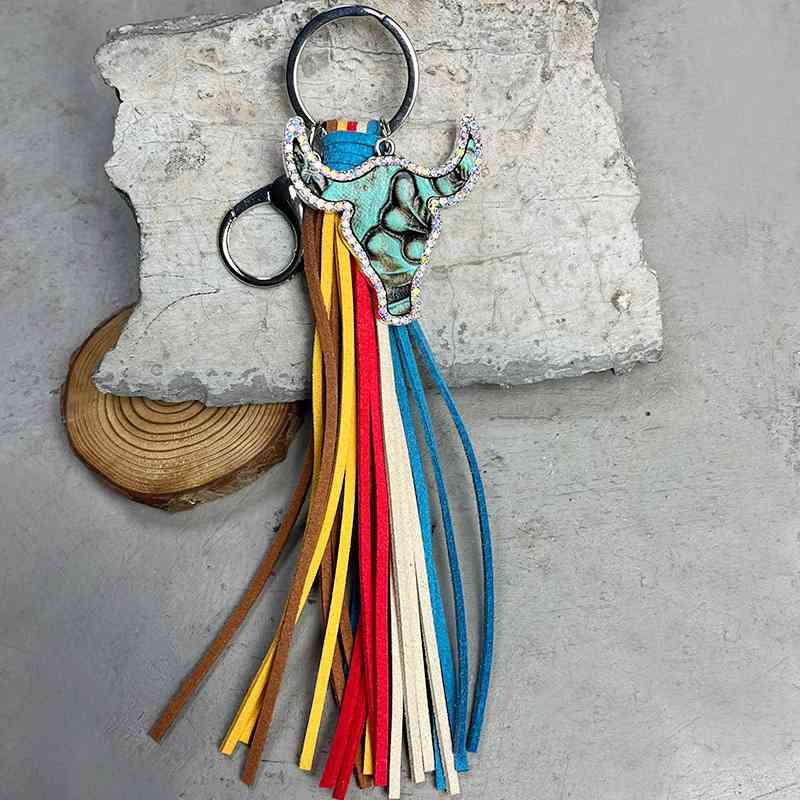 Rhinestone Bull Keychain with Tassel Turquoise One Size