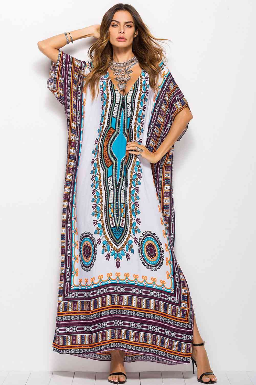 Printed V-Neck Side Slit Maxi Dress White One Size