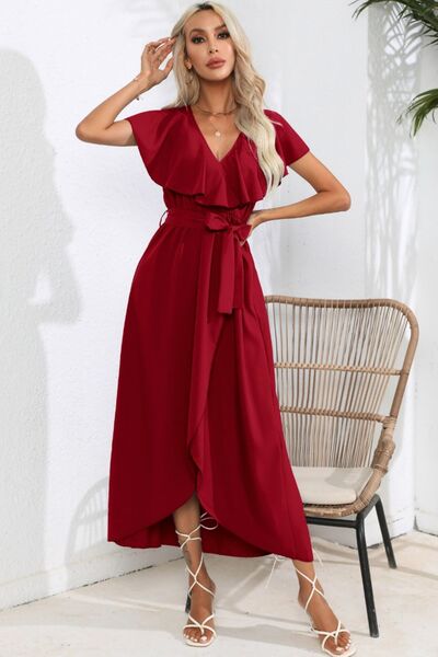 Ruffled Tied V-Neck Midi Dress Wine