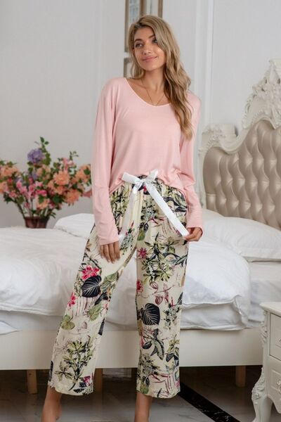 Round Neck Top and Printed Pants Lounge Set Peach