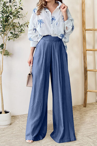 Pocketed Dropped Shoulder Shirt and Wide Leg Pants Set Misty Blue