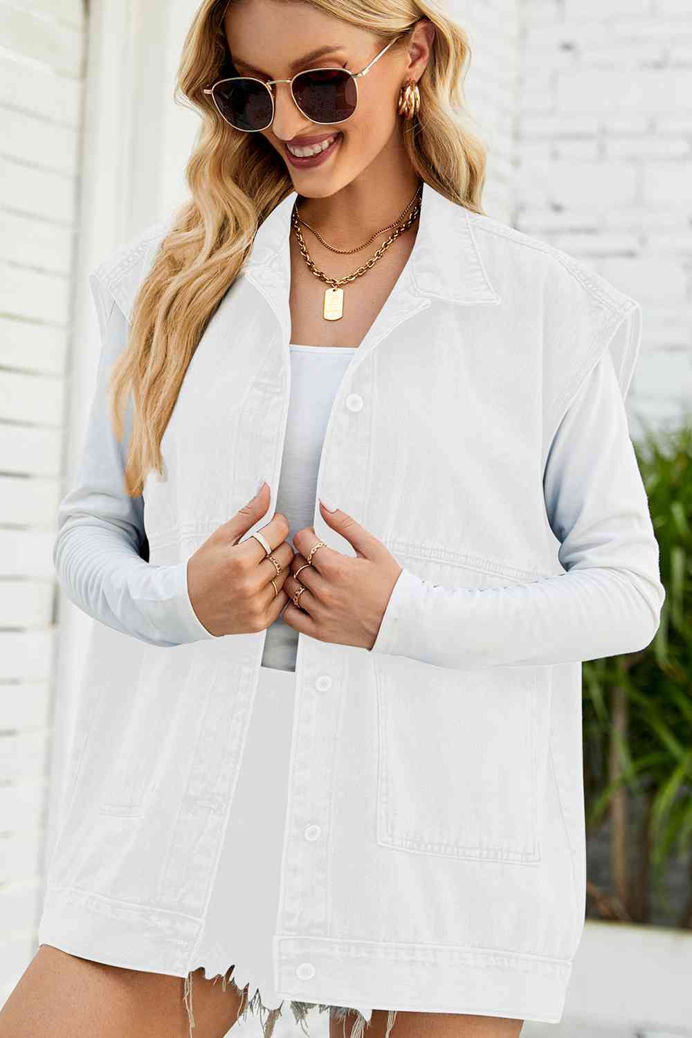 Button Down Collared Neck Denim Jacket White