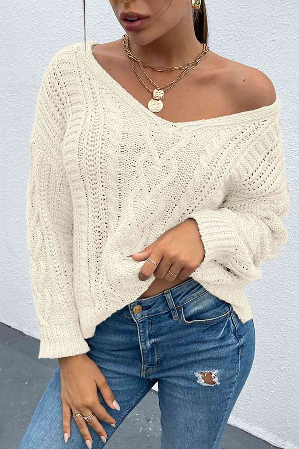 V-Neck Cable-Knit Long Sleeve Sweater Cream