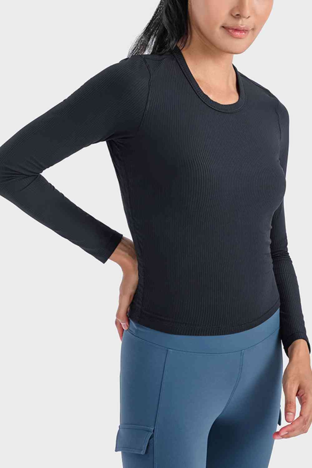 Round Neck Long Sleeve Sports Top Black