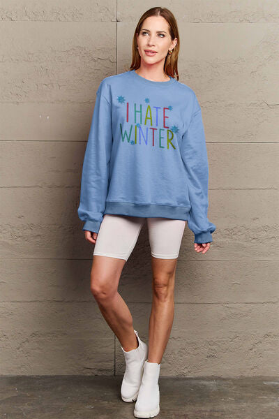 Simply Love Full Size I HATE WINTER Dropped Shoulder Sweatshirt Misty Blue