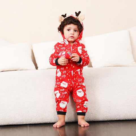 Santa Print Hooded Jumpsuit Red