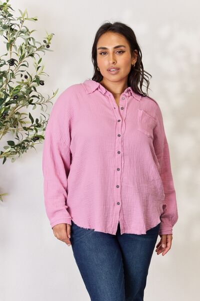 Zenana Full Size Texture Button Up Raw Hem Long Sleeve Shirt Mauve