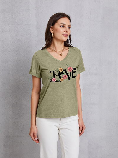 LOVE V-Neck Short Sleeve T-Shirt Sage