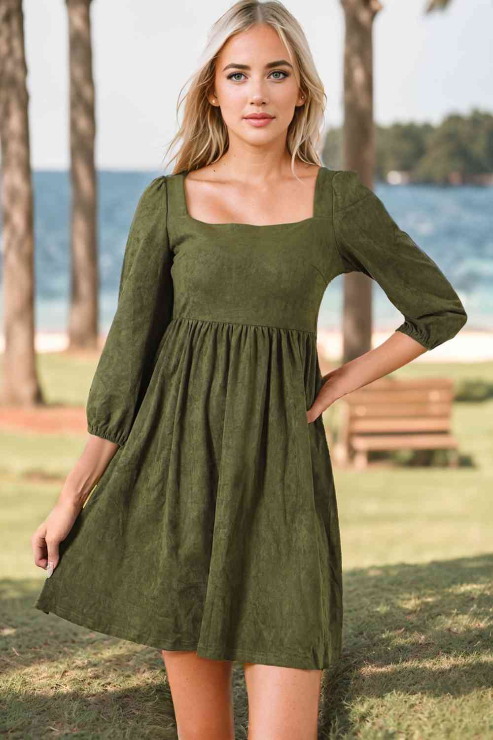 Square Neck Three-Quater Sleeve Mini Dress Moss