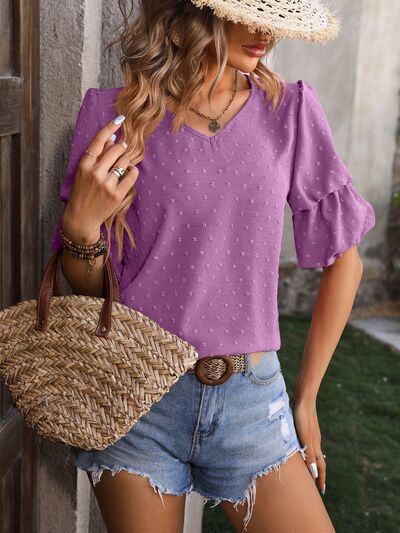 Swiss Dot V-Neck Short Sleeve Blouse Lavender