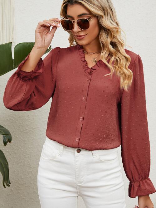 Button Up Flounce Sleeve V-Neck Shirt Chestnut