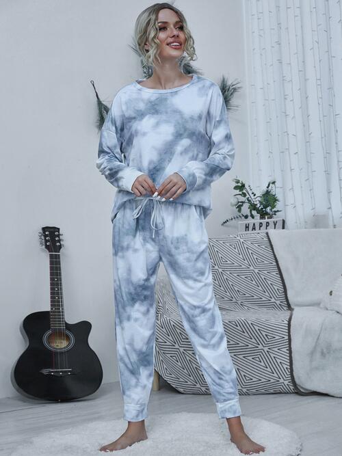 Tie-dye Round Neck Top and Drawstring Pants Lounge Set Cloudy Blue