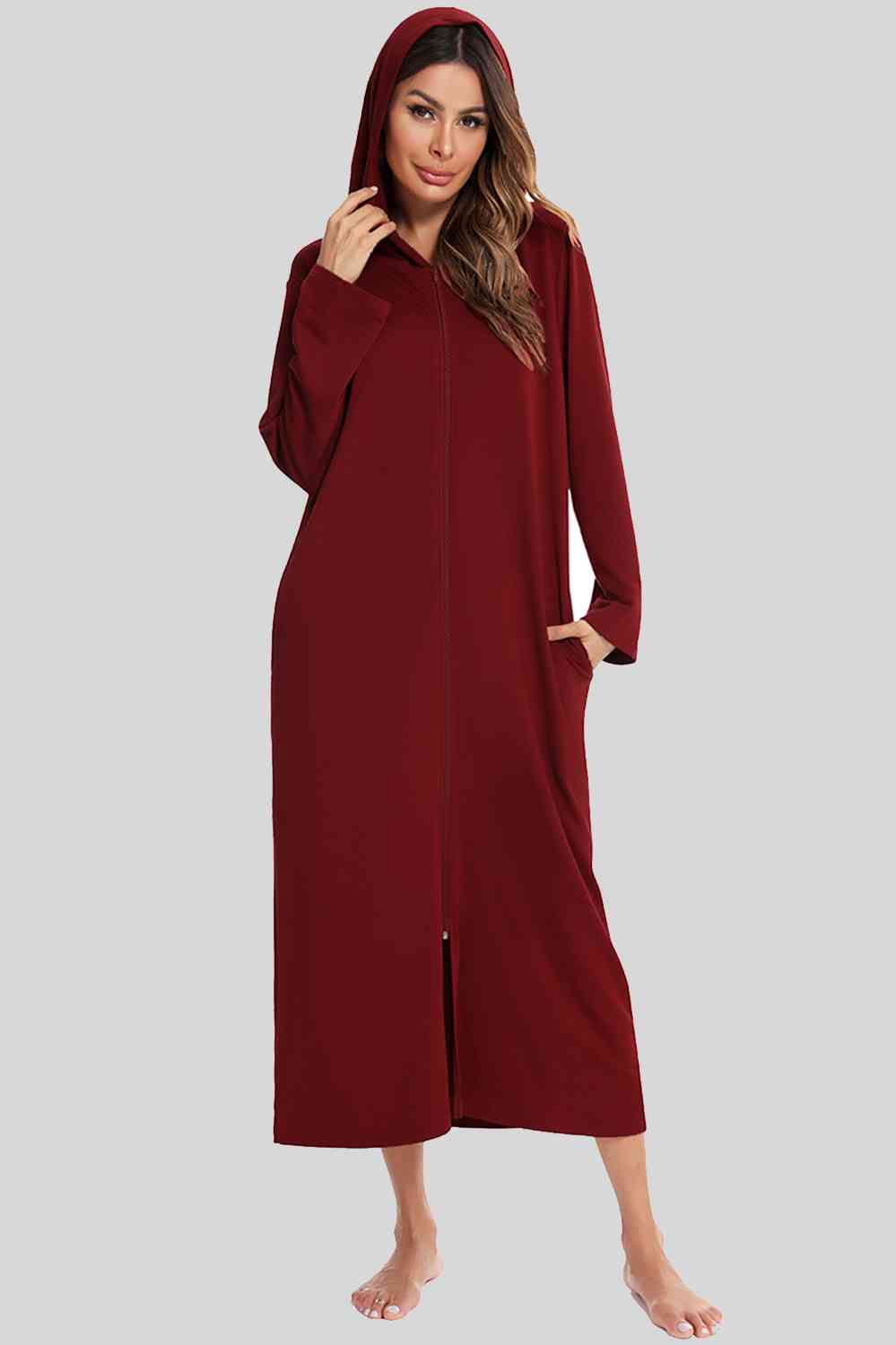 Zip Front Hooded Night Dress with Pockets Wine