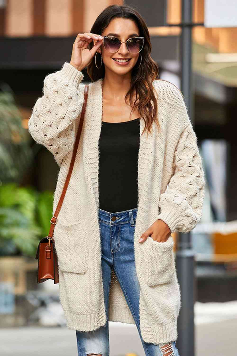 Open Front Ribbed Trim Duster Cardigan Cream
