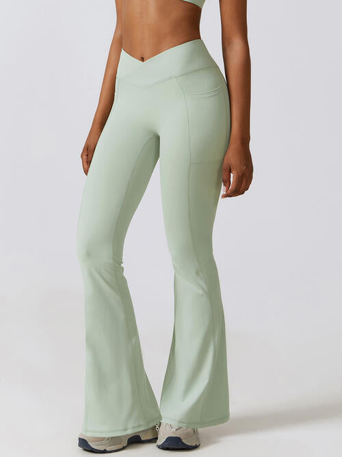 Flare Leg Active Pants with Pockets Light Green