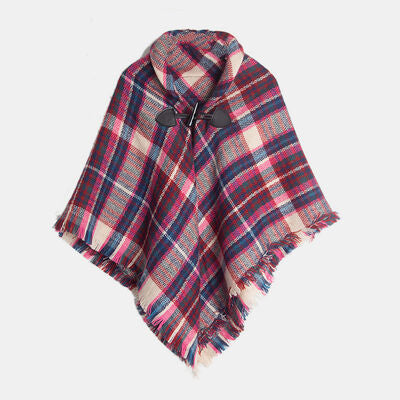 Plaid Horn Buckle Fringe Hem Shawl Fuchsia Pink One Size