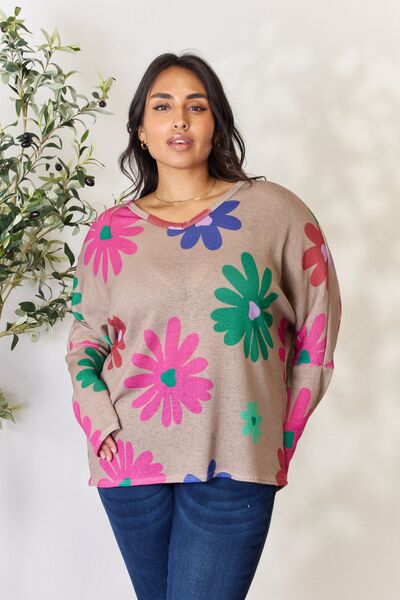 Hopely Full Size Floral V-Neck Long Sleeve Top Taupe