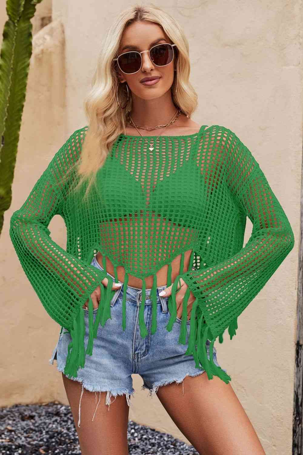 Tassel Hem Openwork Long Sleeve Cover Up Mid Green One size