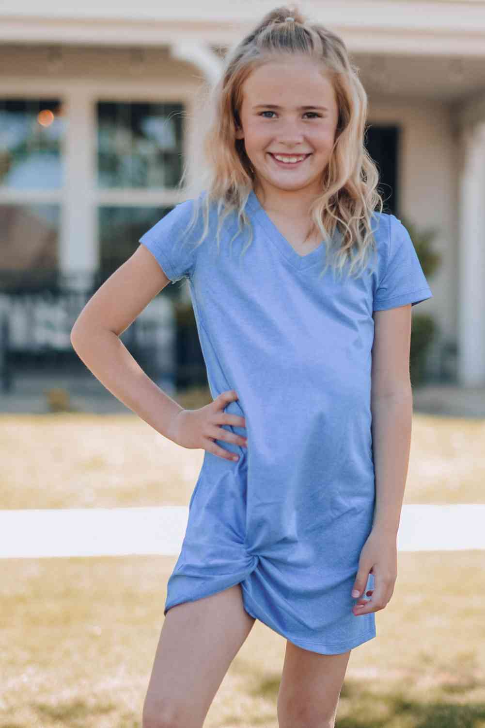 Girls Twisted V-Neck Short Sleeve Dress Blue