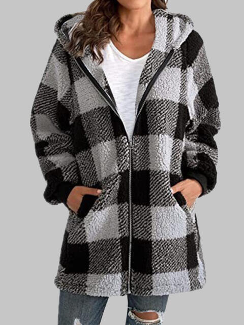 Plaid Zip-Up Hooded Jacket with Pockets Charcoal