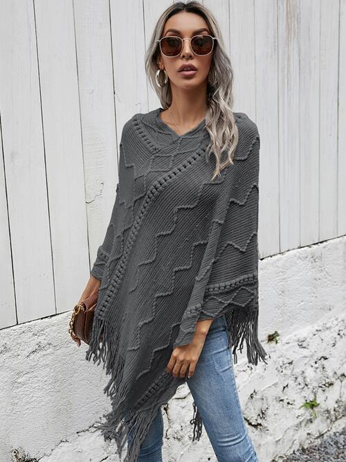 Texture Fringe Hem Poncho Charcoal One Size