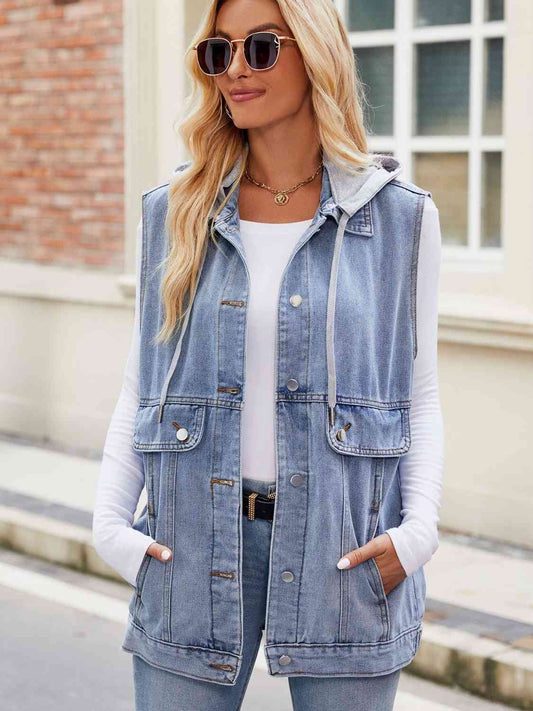 Drawstring Hooded Sleeveless Denim Jacket Misty Blue