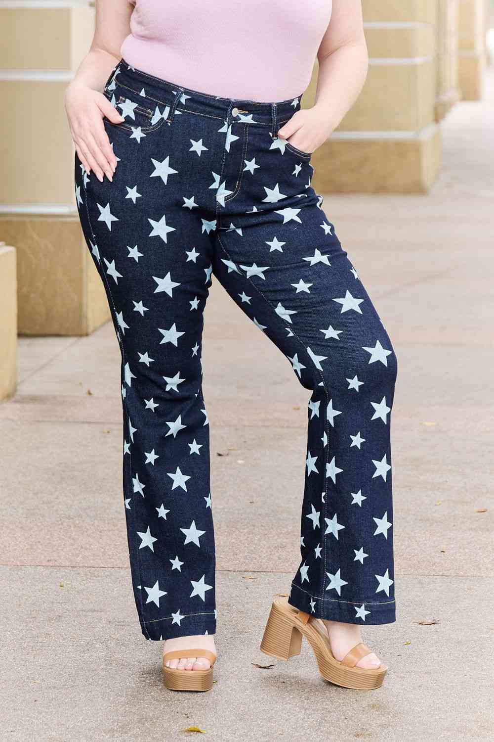 Judy Blue Janelle Full Size High Waist Star Print Flare Jeans Dark