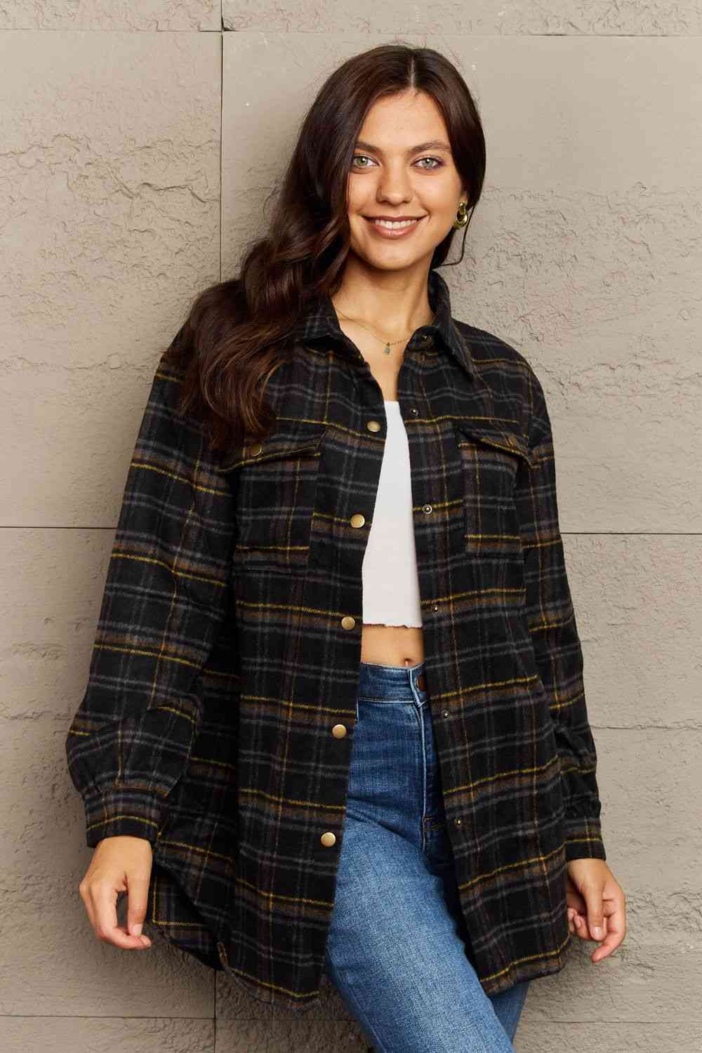 Ninexis Full Size Plaid Collared Neck Button-Down Long Sleeve Jacket Black