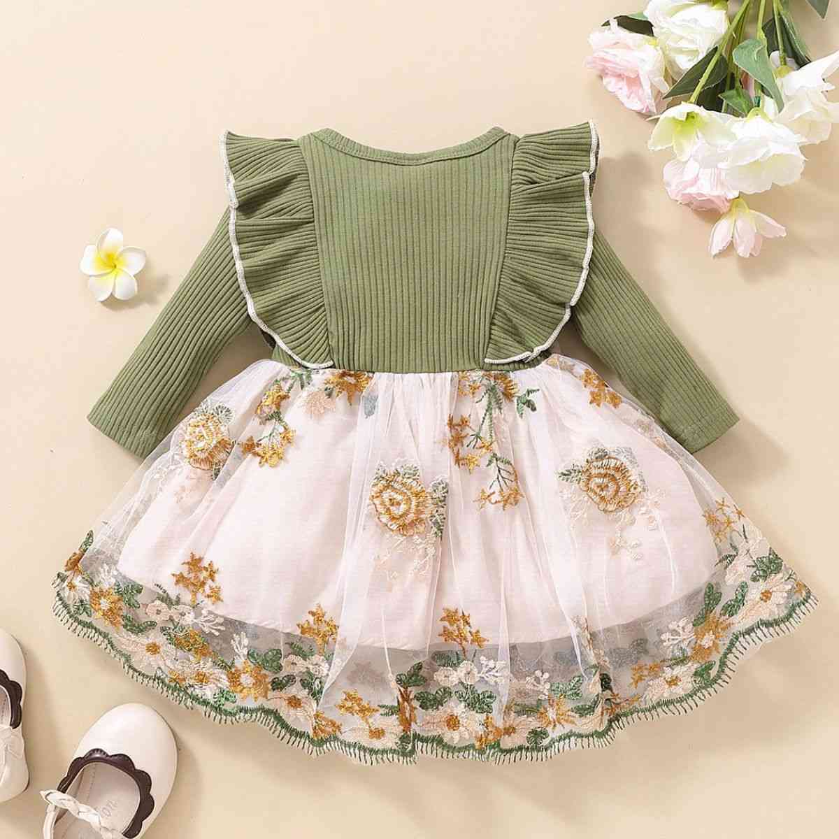 Girls Floral Bow Detail Ruffle Shoulder Tulle Dress