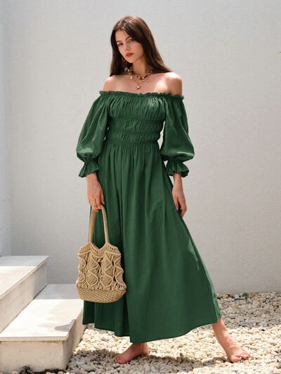 Smocked Off-Shoulder Flounce Sleeve Dress Green