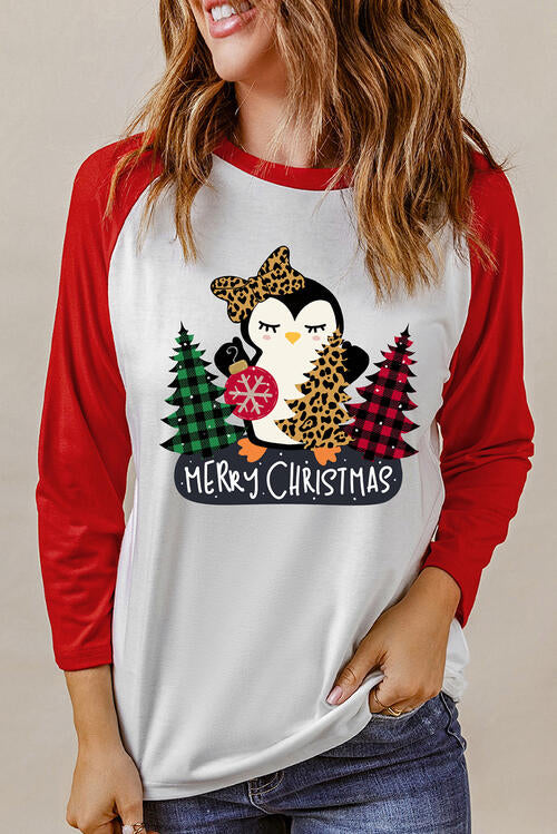 MERRY CHRISTMAS Penguin Round Neck Long Sleeve T-Shirt Deep Red