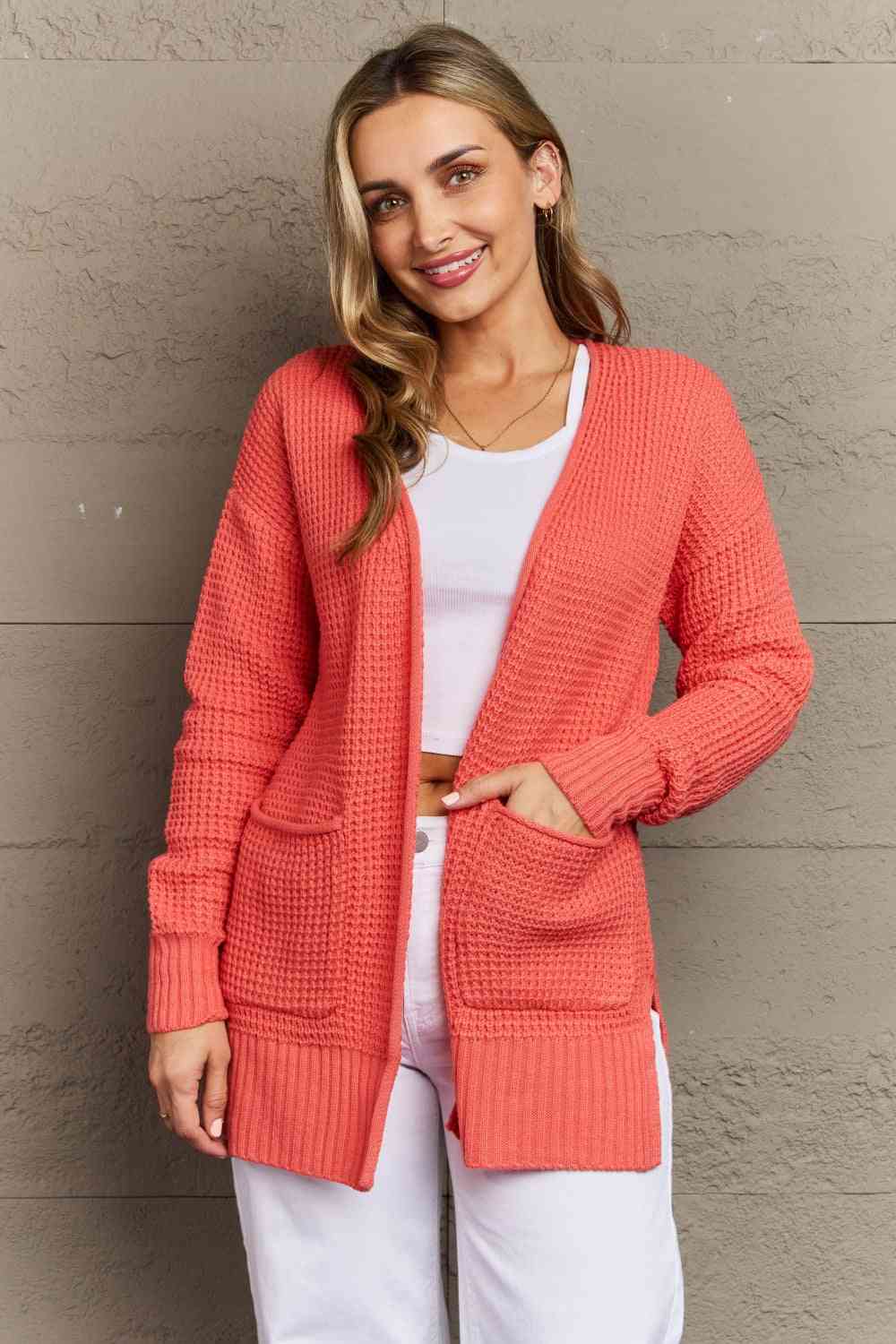 Zenana Bright & Cozy Full Size Waffle Knit Cardigan Coral