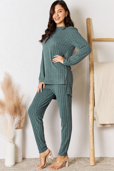 Basic Bae Full Size Ribbed Round Neck High-Low Slit Top and Pants Set Teal